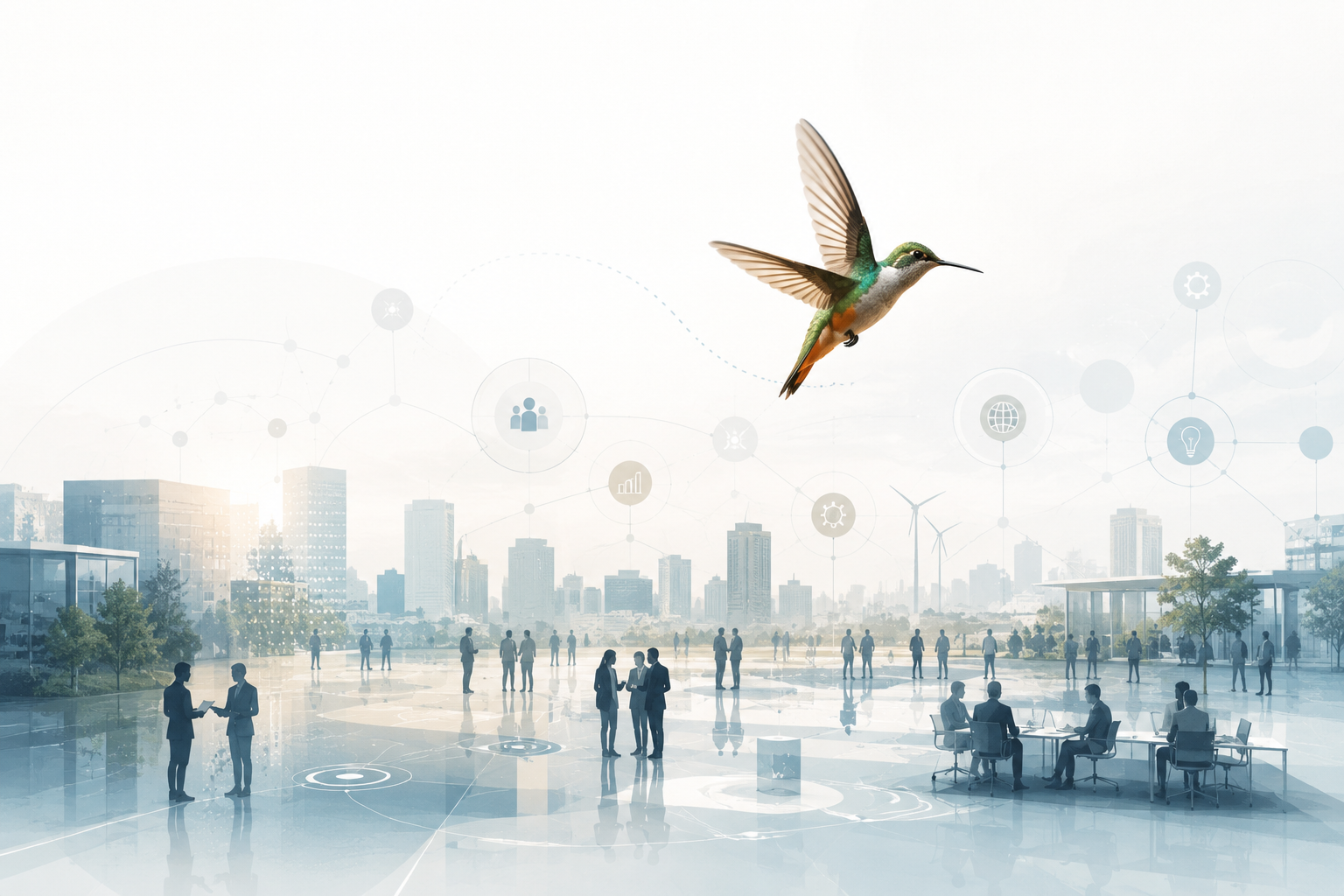 Contexte professionnel contemporain : silhouettes, skyline et colibri en vol au-dessus d'un réseau de connexions.